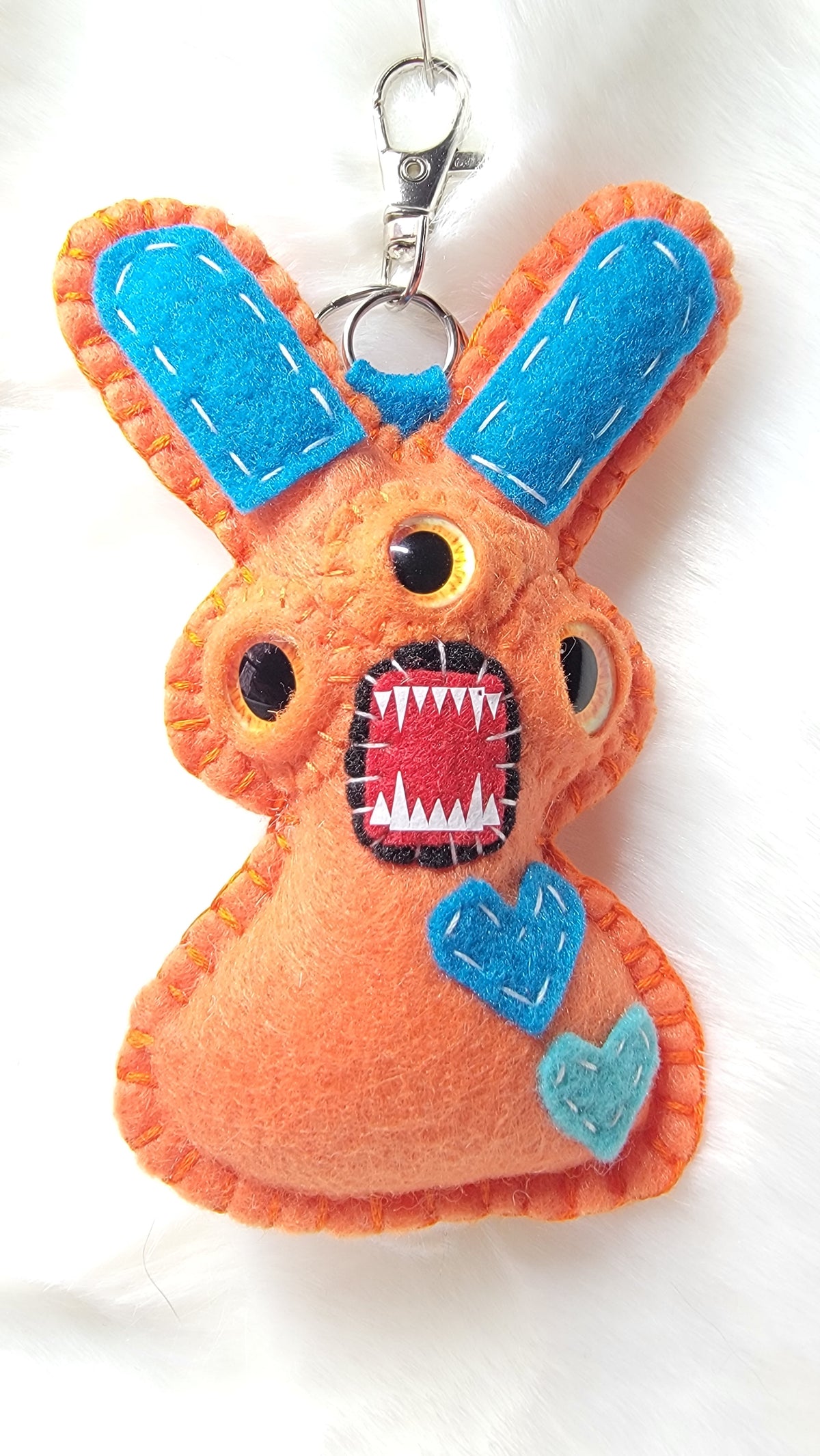 OOAK Creepy Killer Bunny Plush Keychain – Three Eyed Monster Rabbit with Hidden Bloody Cleaver – Handmade Ready to Ship