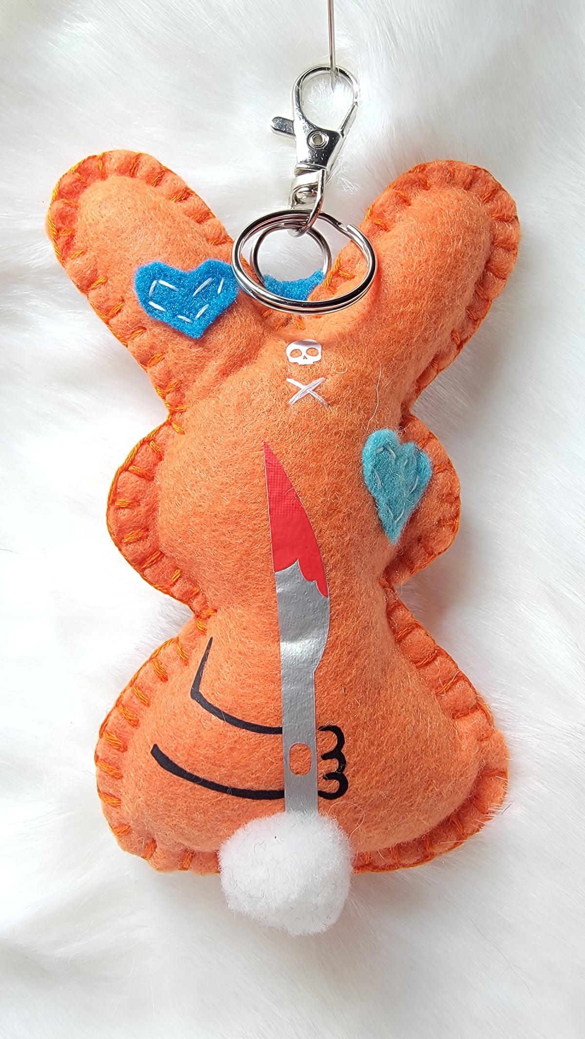 OOAK Creepy Killer Bunny Plush Keychain – Three Eyed Monster Rabbit with Hidden Bloody Cleaver – Handmade Ready to Ship